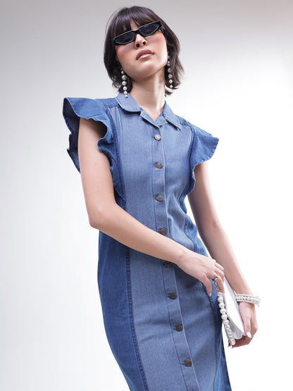 Women Blue Colour Block Denim Button Down Midi Dress