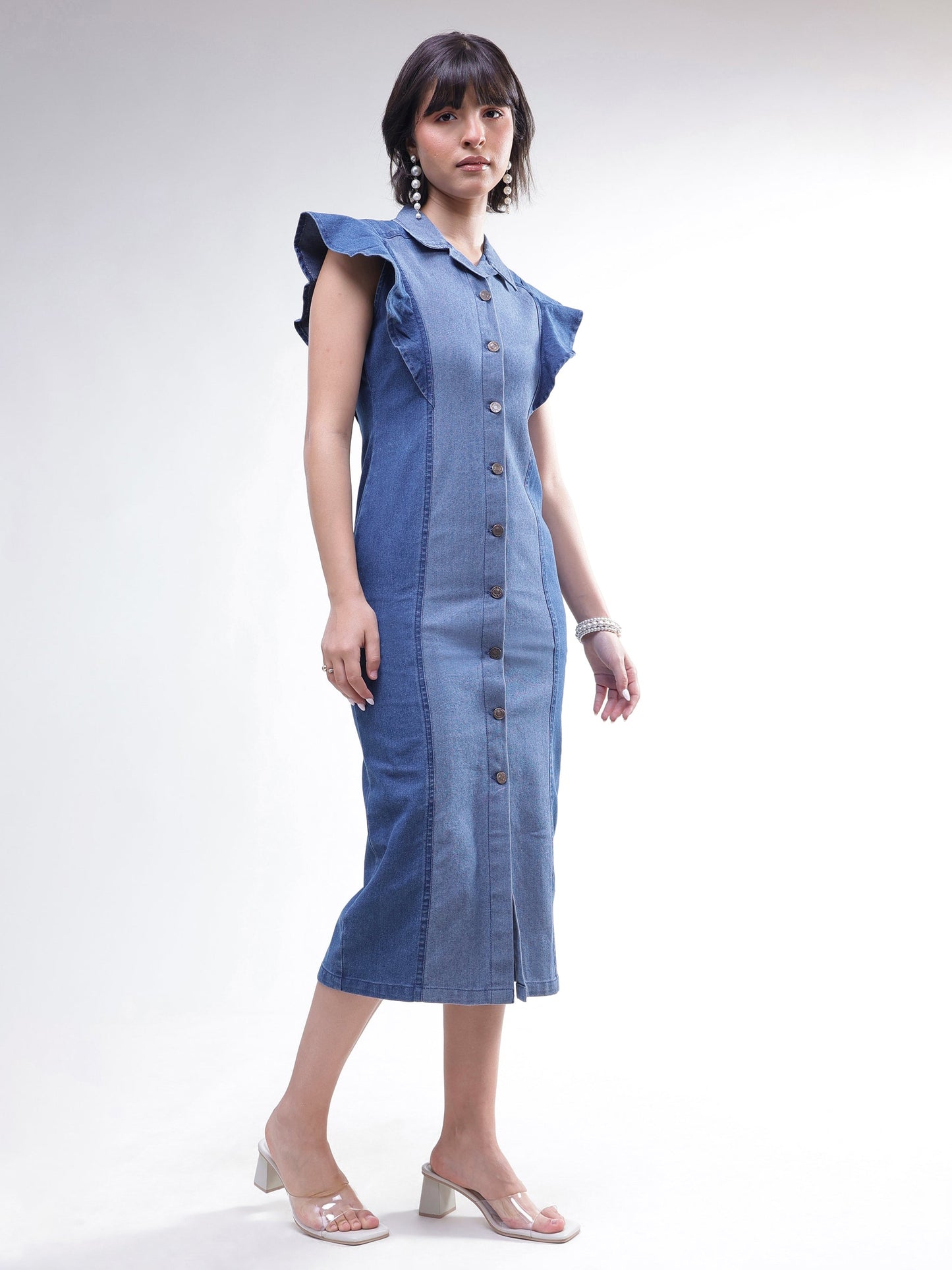 Women Blue Colour Block Denim Button Down Midi Dress