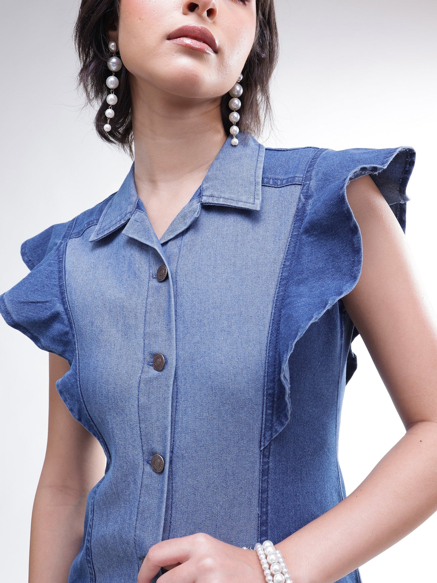 Women Blue Colour Block Denim Button Down Midi Dress
