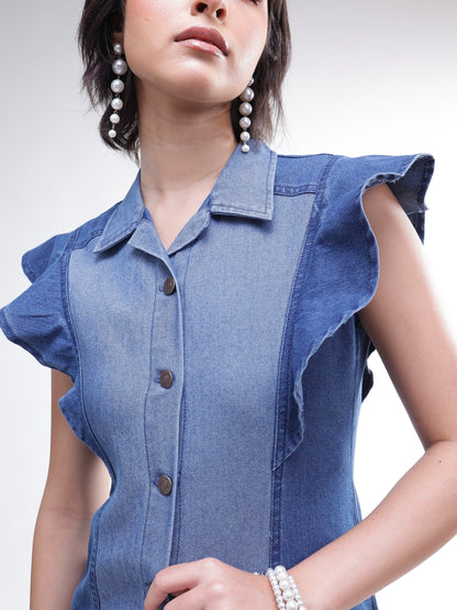 Women Blue Colour Block Denim Button Down Midi Dress