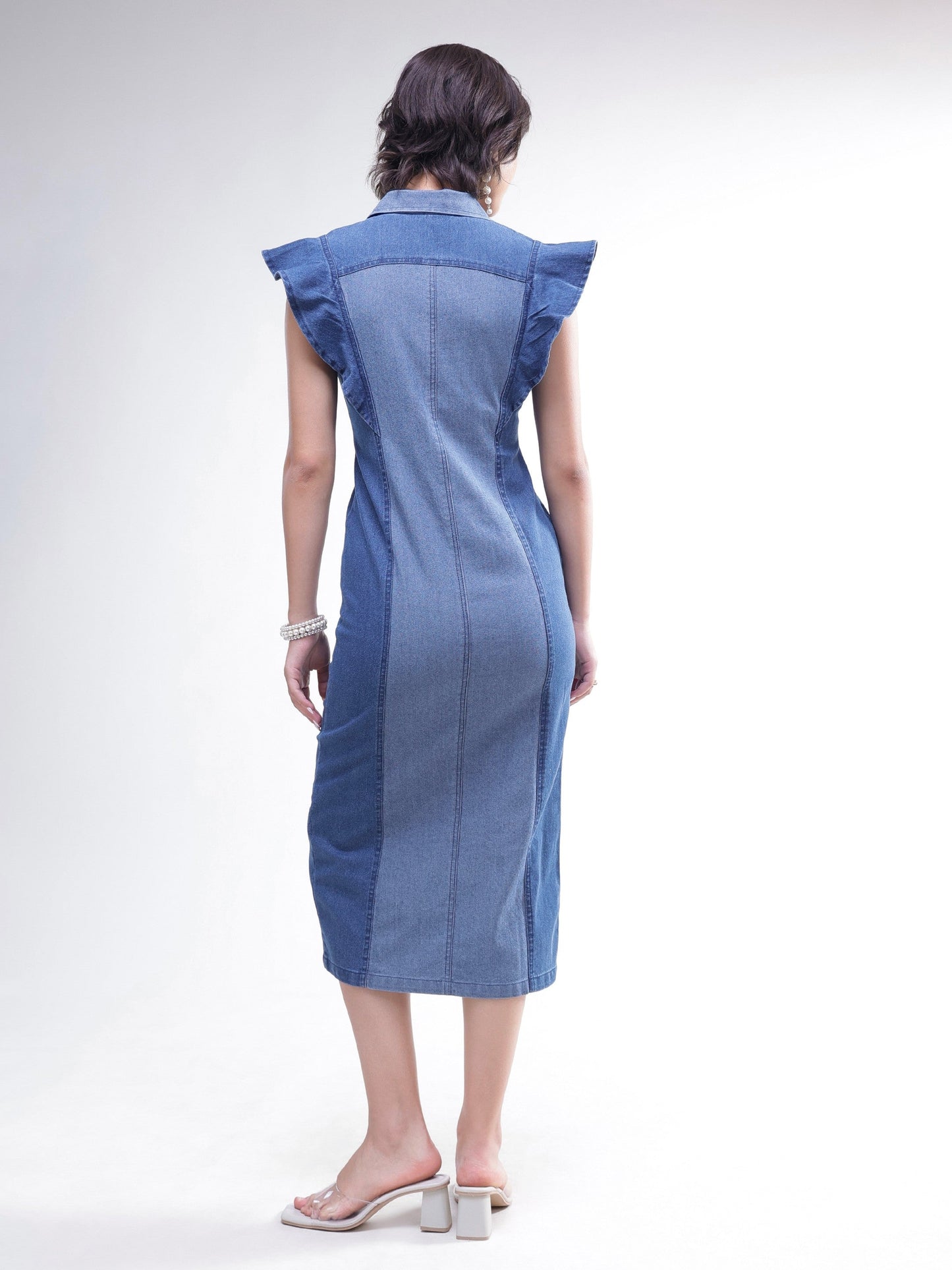 Women Blue Colour Block Denim Button Down Midi Dress