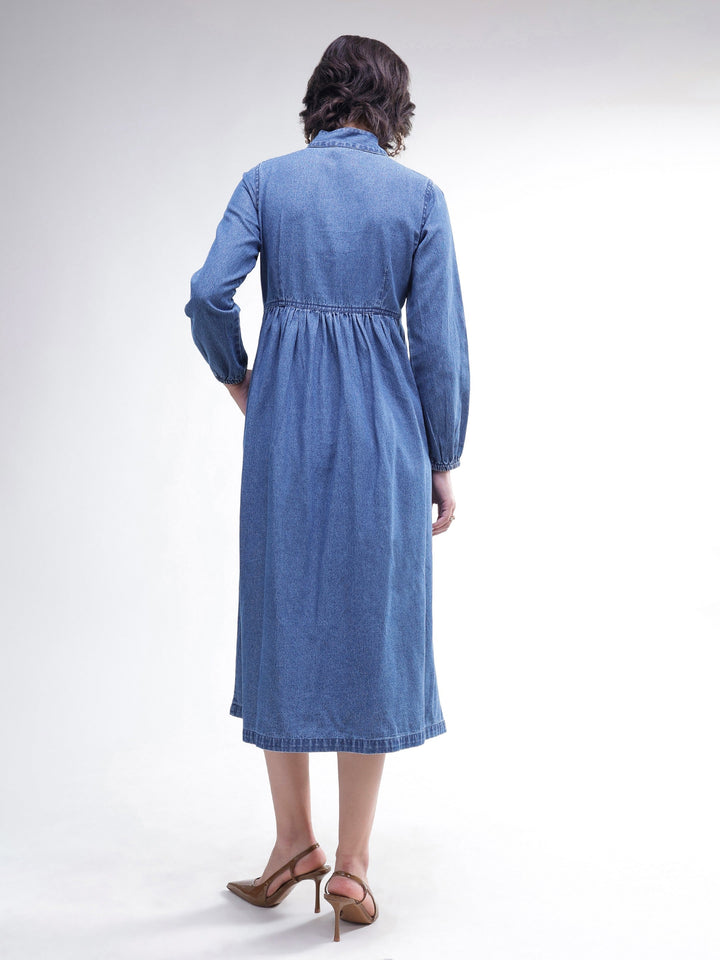 Women Blue Denim Front Button A-Line Midi Dress