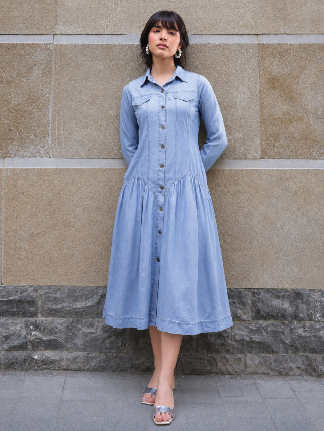 Women Blue Tencel Drop Waist Full Sleeve Maxi Dress