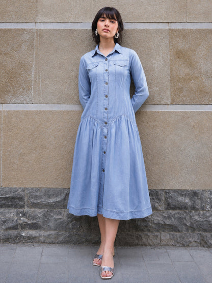 Women Blue Tencel Drop Waist Full Sleeve Maxi Dress