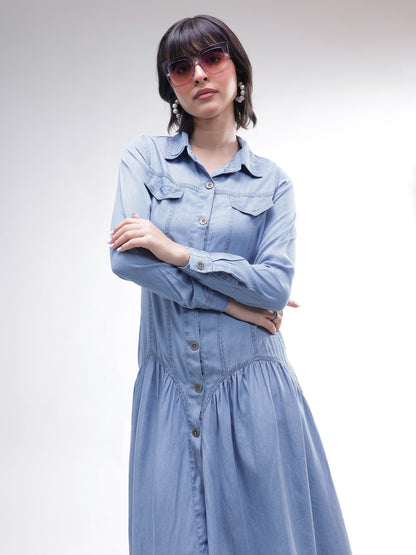 Women Blue Tencel Drop Waist Full Sleeve Maxi Dress