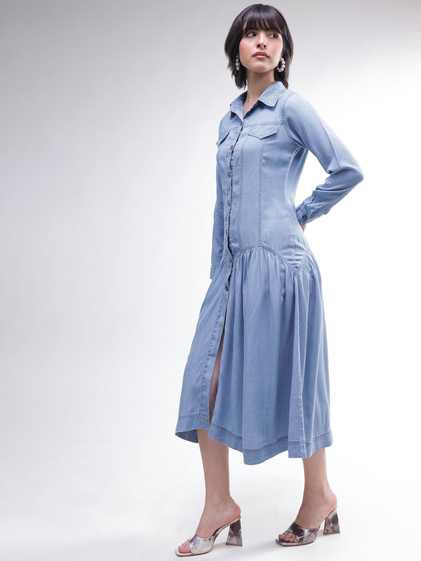 Women Blue Tencel Drop Waist Full Sleeve Maxi Dress