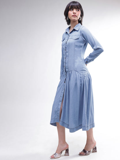 Women Blue Tencel Drop Waist Full Sleeve Maxi Dress