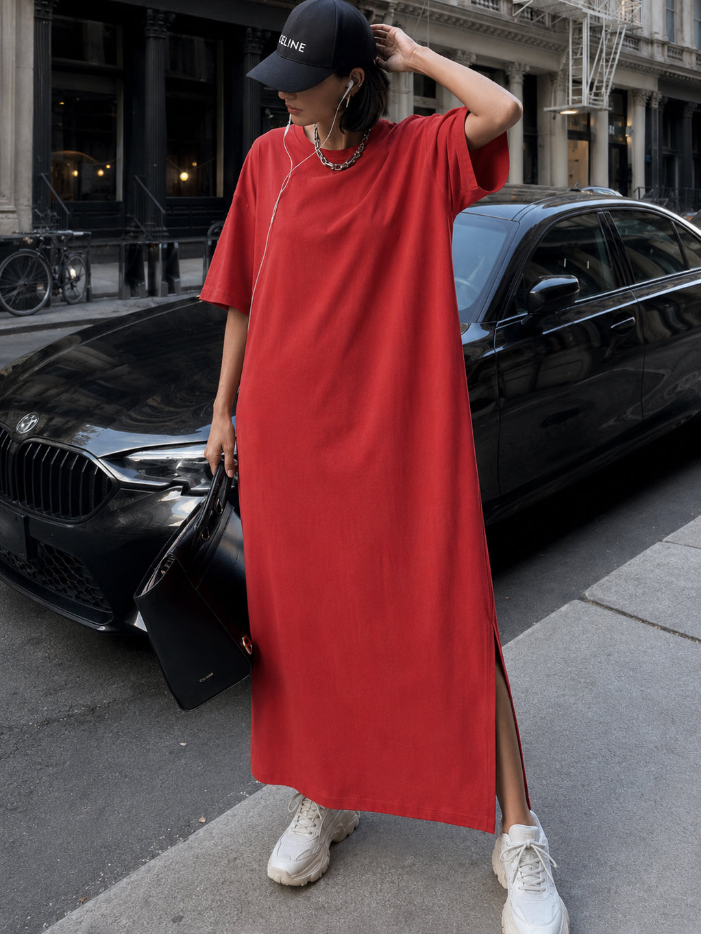 Women Red Oversized Round Neck T-Shirt Maxi Dress