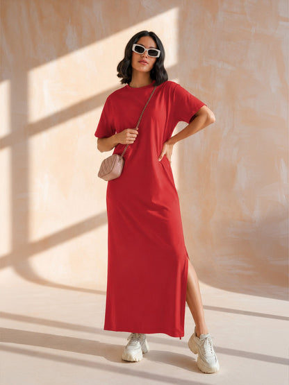Women Red Oversized Round Neck T-Shirt Maxi Dress