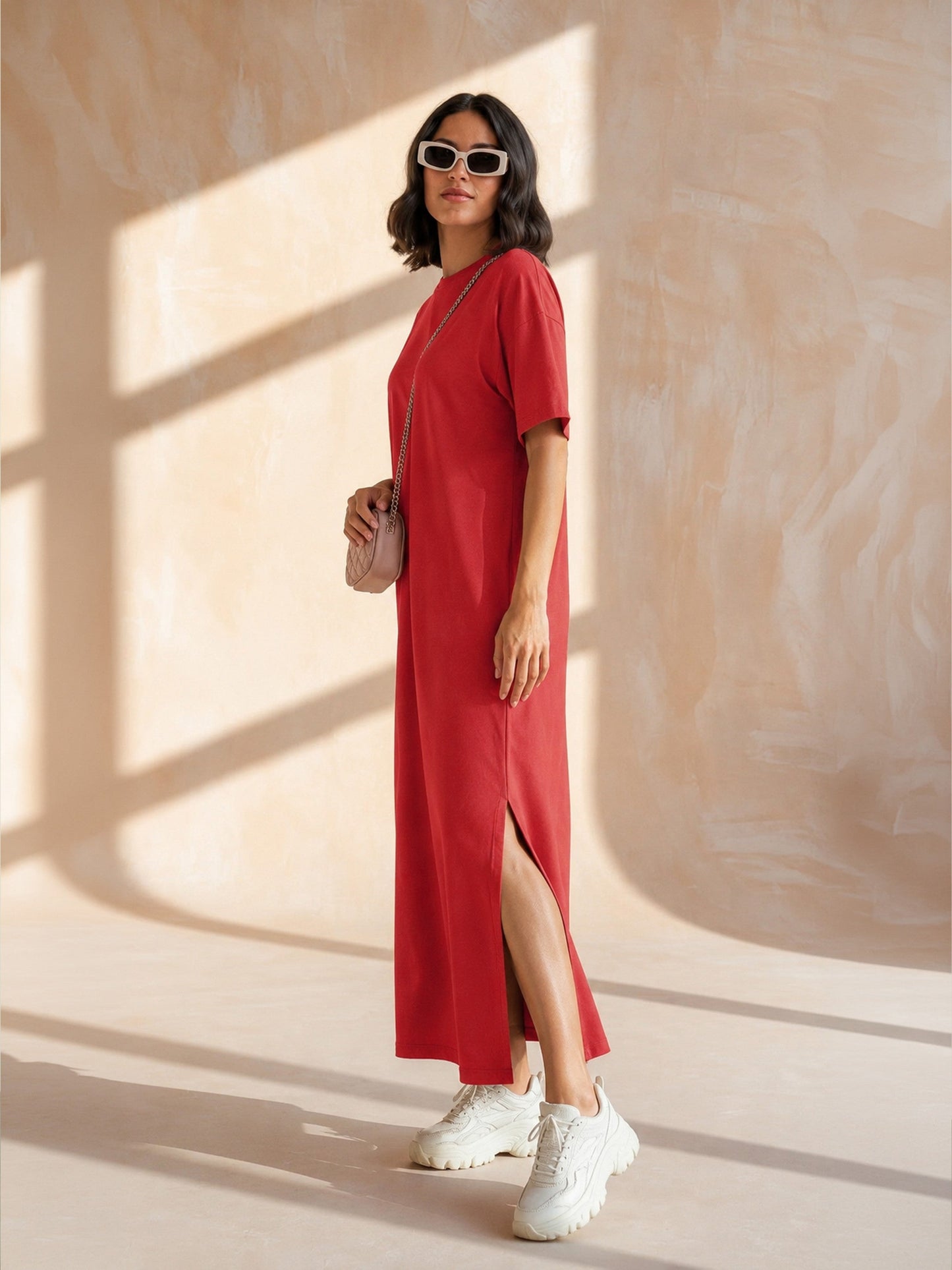 Women Red Oversized Round Neck T-Shirt Maxi Dress