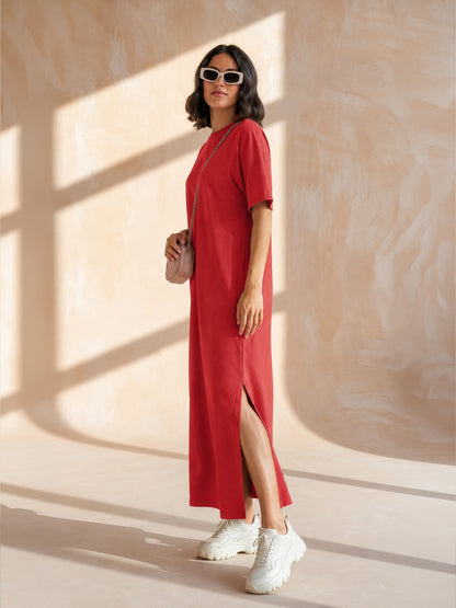 Women Red Oversized Round Neck T-Shirt Maxi Dress