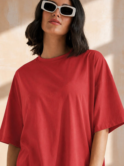 Women Red Oversized Round Neck T-Shirt Maxi Dress
