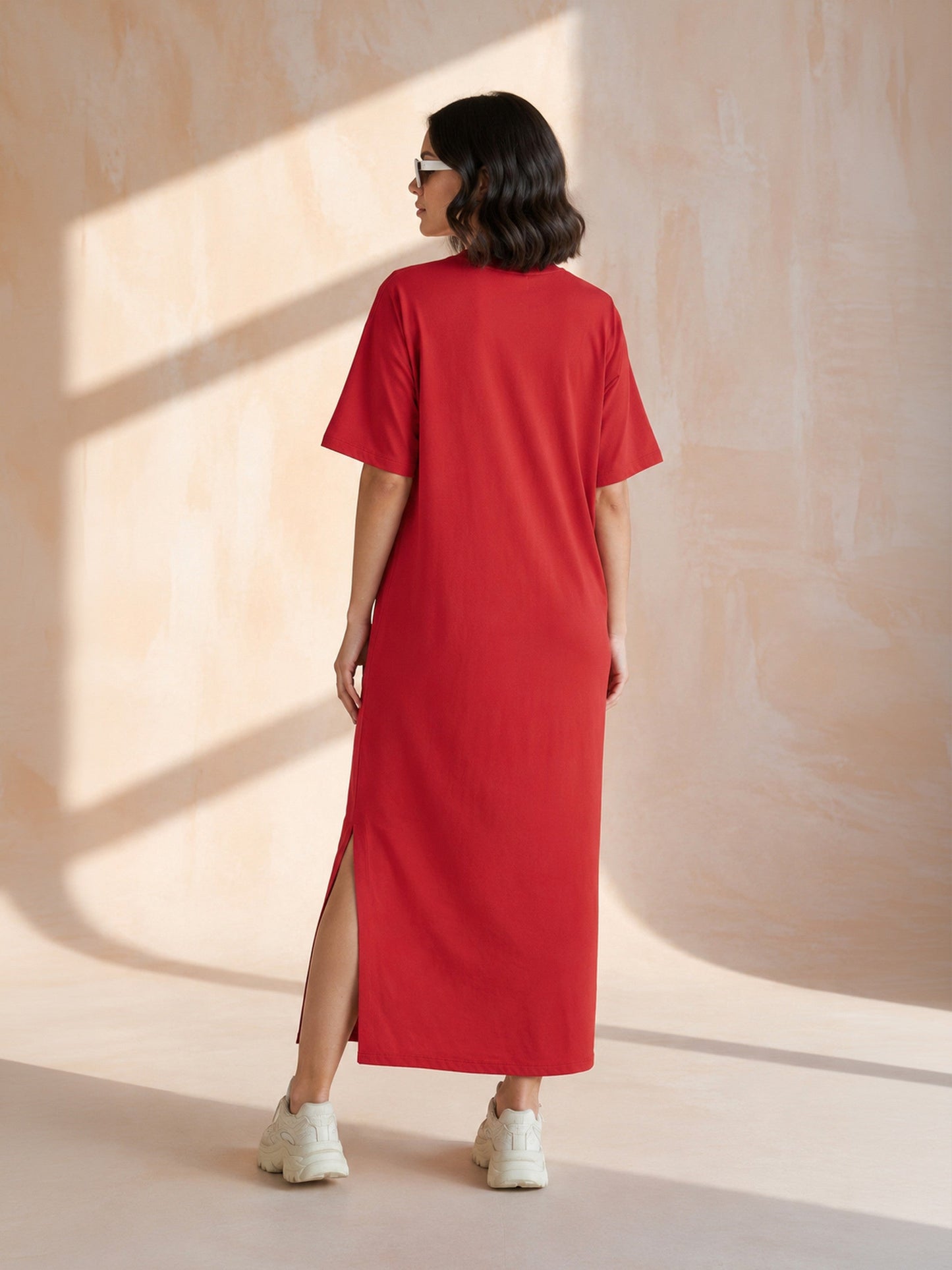 Women Red Oversized Round Neck T-Shirt Maxi Dress
