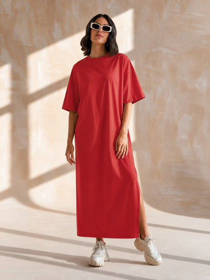 Women Red Oversized Round Neck T-Shirt Maxi Dress