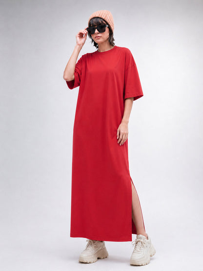 Women Red Oversized Round Neck T-Shirt Maxi Dress