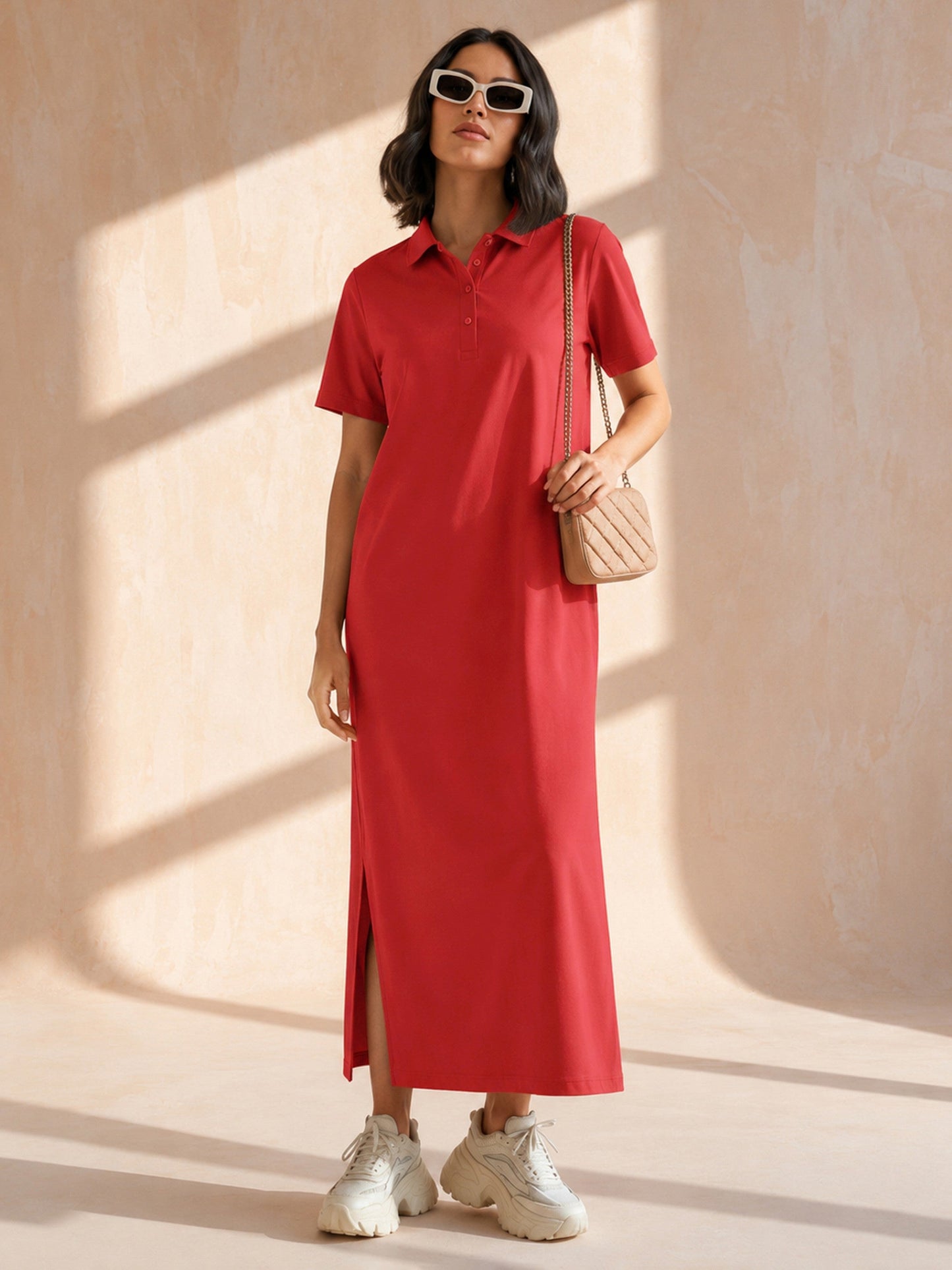 Women Red Oversized Polo Neck T-Shirt Maxi Dress