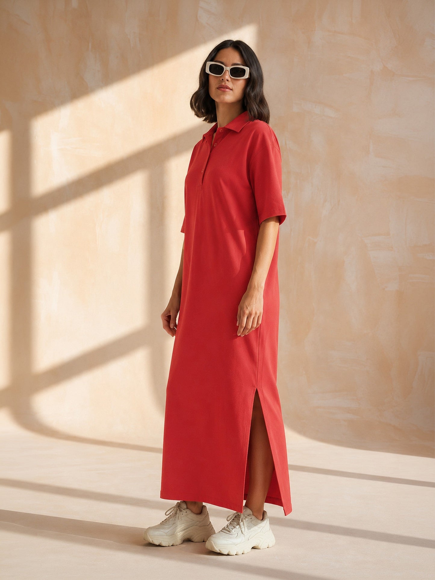 Women Red Oversized Polo Neck T-Shirt Maxi Dress