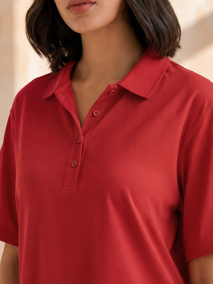 Women Red Oversized Polo Neck T-Shirt Maxi Dress