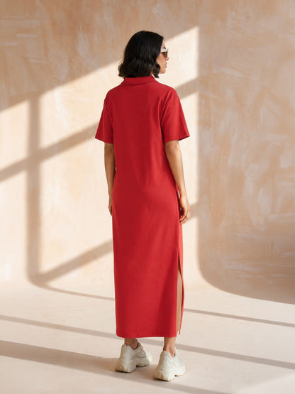 Women Red Oversized Polo Neck T-Shirt Maxi Dress