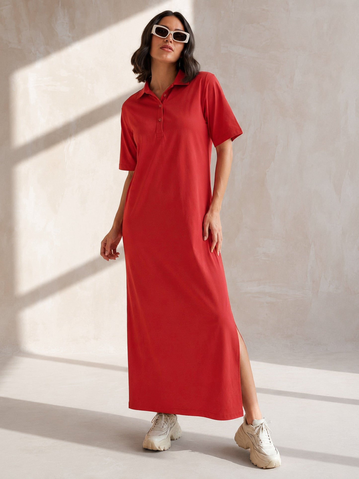 Women Red Oversized Polo Neck T-Shirt Maxi Dress