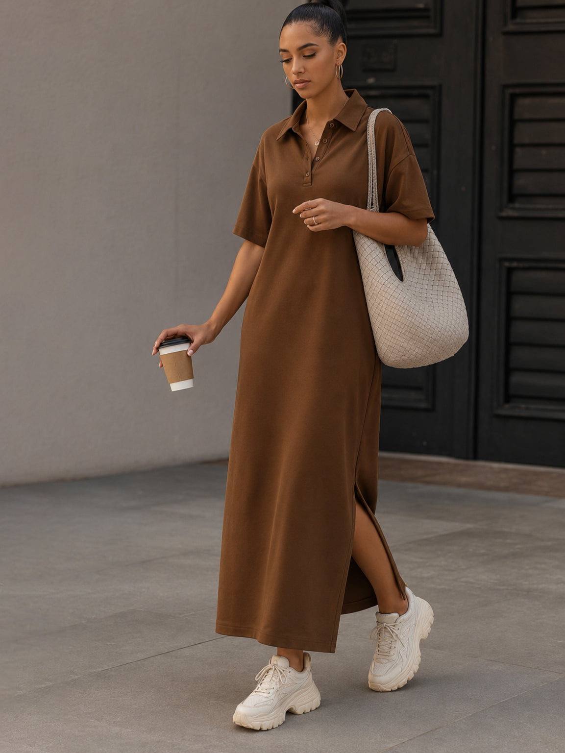 Women Brown Oversized Polo Neck T-Shirt Maxi Dress