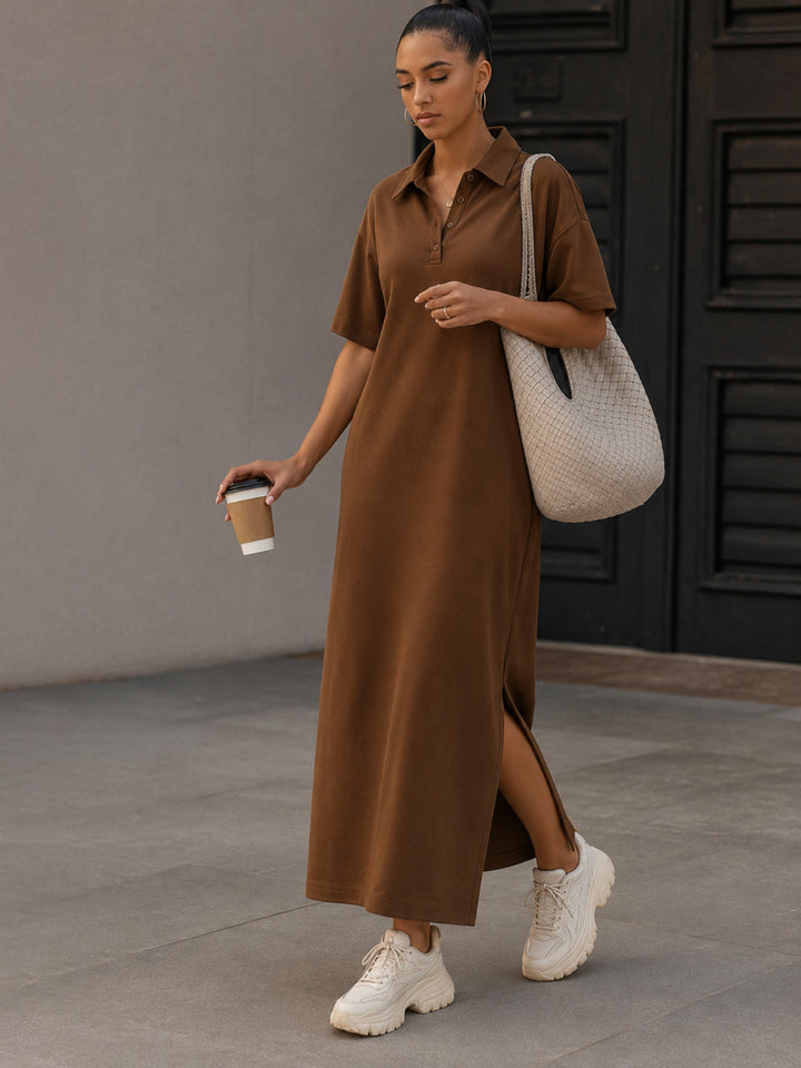 Women Brown Oversized Polo Neck T-Shirt Maxi Dress