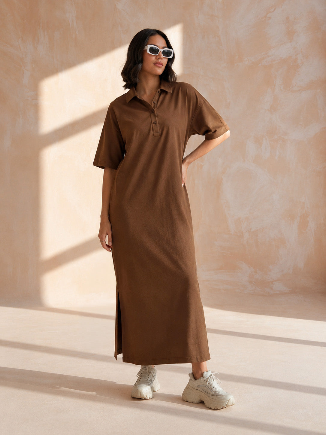 Women Brown Oversized Polo Neck T-Shirt Maxi Dress