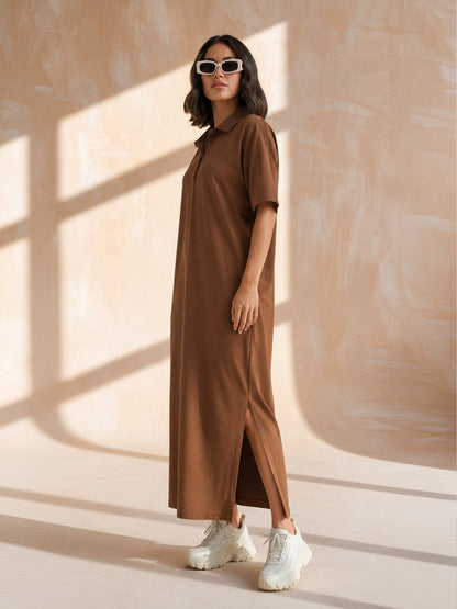 Women Brown Oversized Polo Neck T-Shirt Maxi Dress