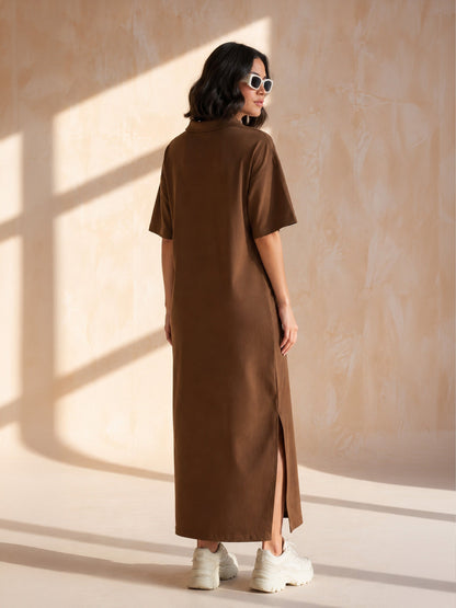 Women Brown Oversized Polo Neck T-Shirt Maxi Dress