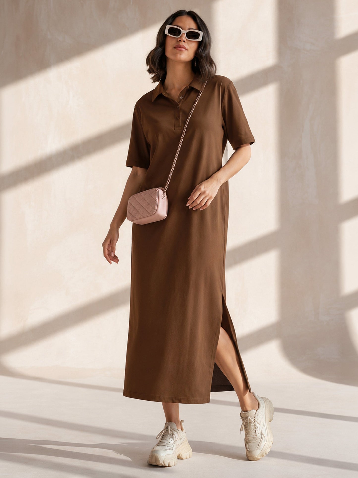 Women Brown Oversized Polo Neck T-Shirt Maxi Dress
