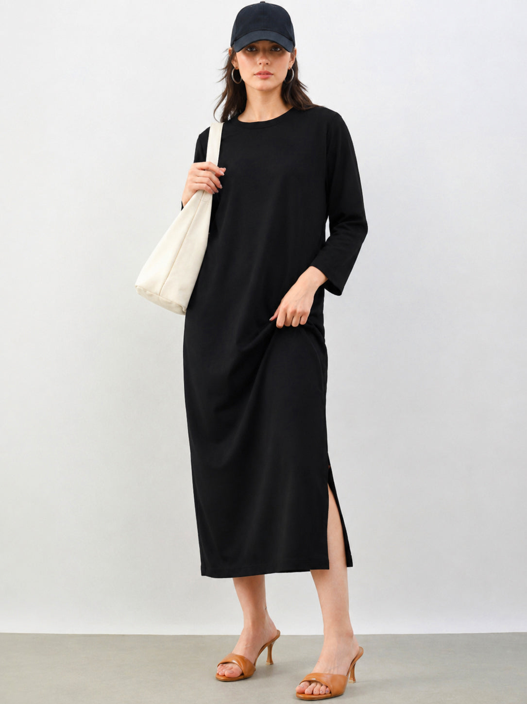 Women Black Long Sleeves T-Shirt Maxi Dress