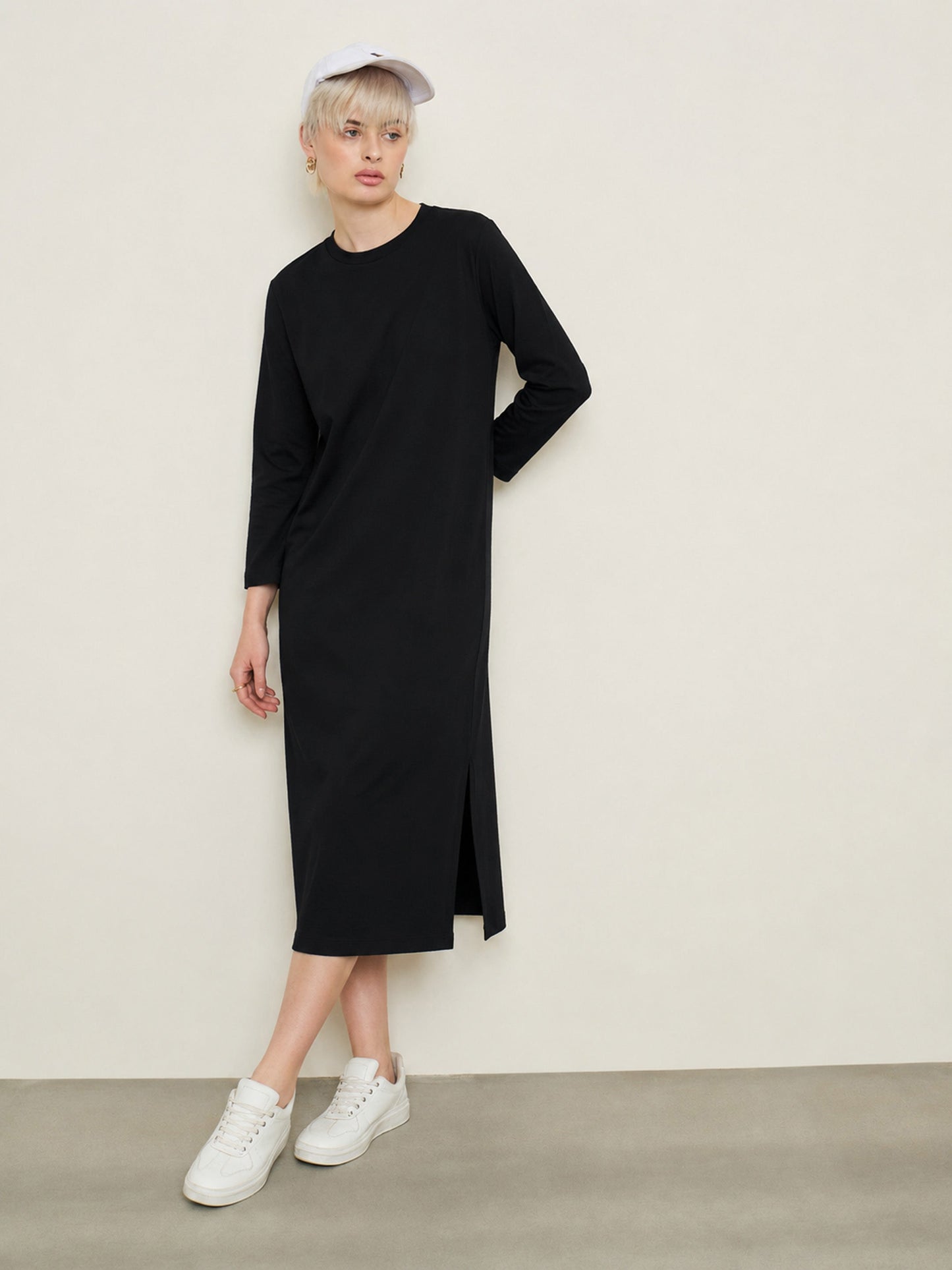 Women Black Long Sleeves T-Shirt Maxi Dress