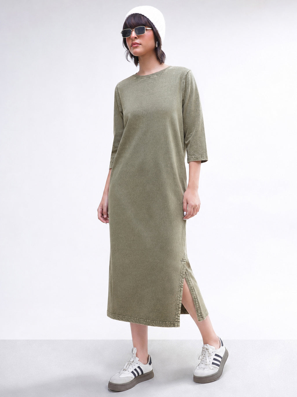 Women Green Overdyed Long Sleeves T-Shirt Maxi Dress