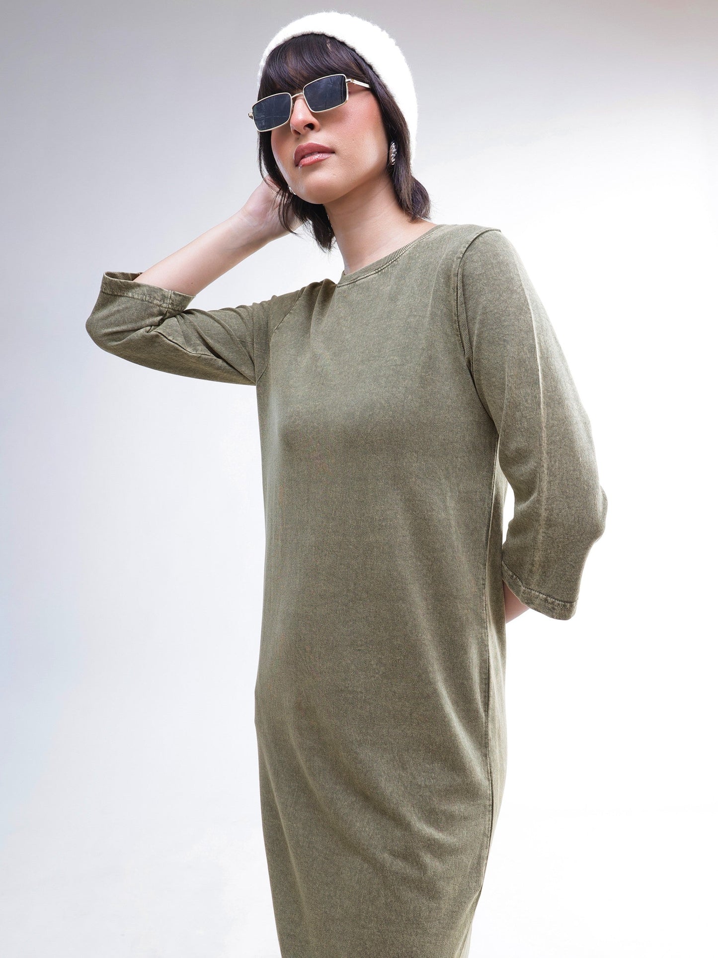 Women Green Overdyed Long Sleeves T-Shirt Maxi Dress