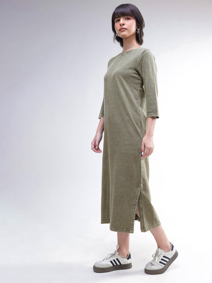 Women Green Overdyed Long Sleeves T-Shirt Maxi Dress