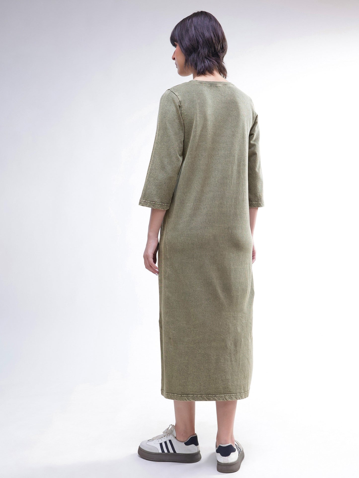 Women Green Overdyed Long Sleeves T-Shirt Maxi Dress