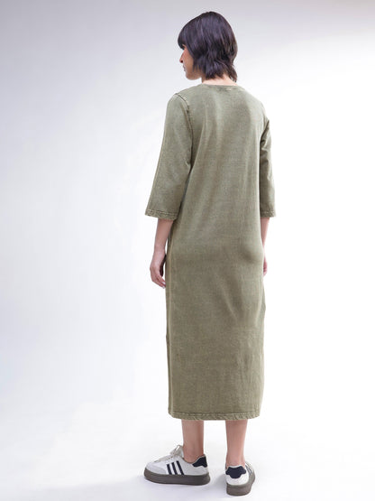 Women Green Overdyed Long Sleeves T-Shirt Maxi Dress