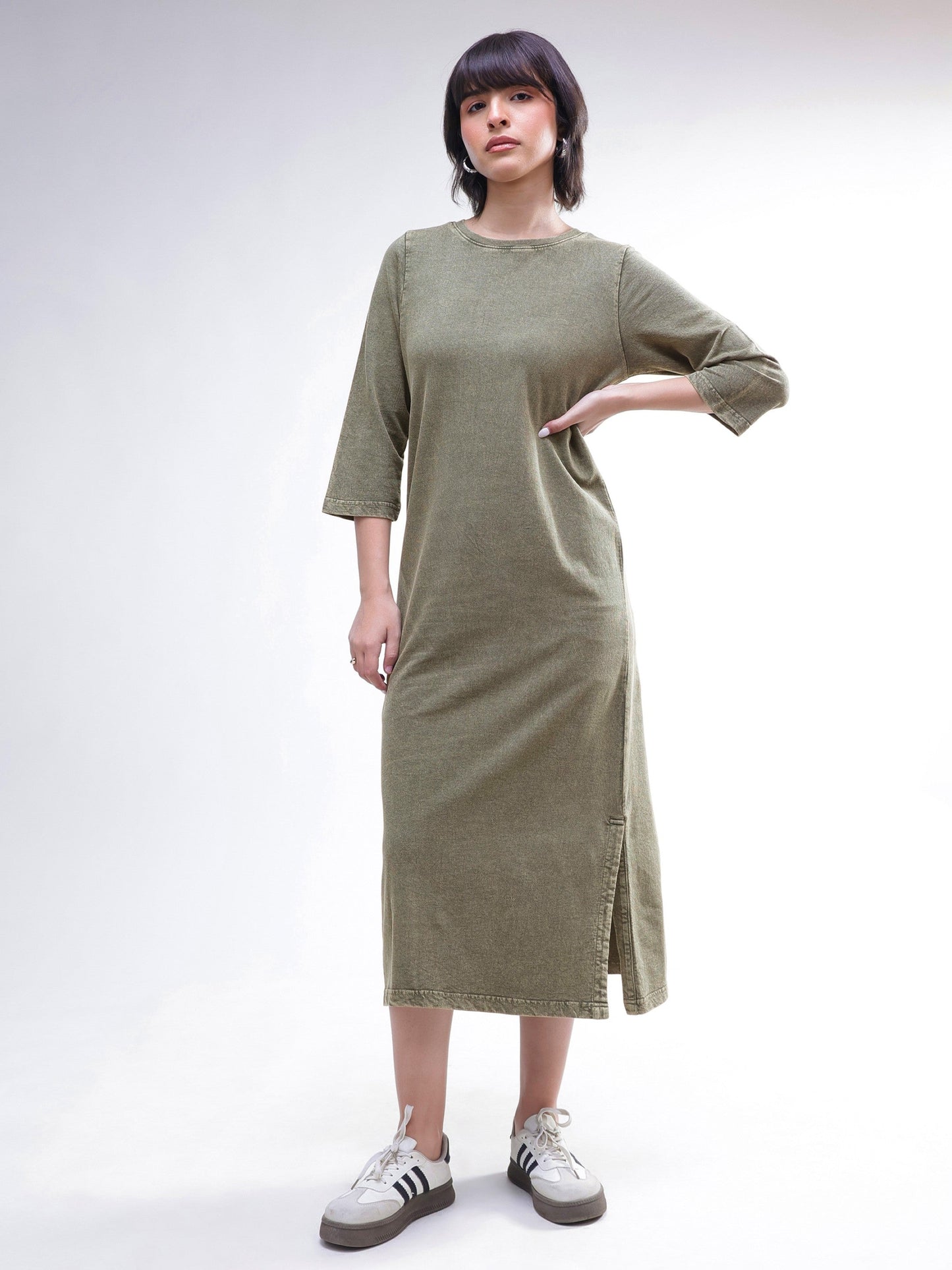 Women Green Overdyed Long Sleeves T-Shirt Maxi Dress