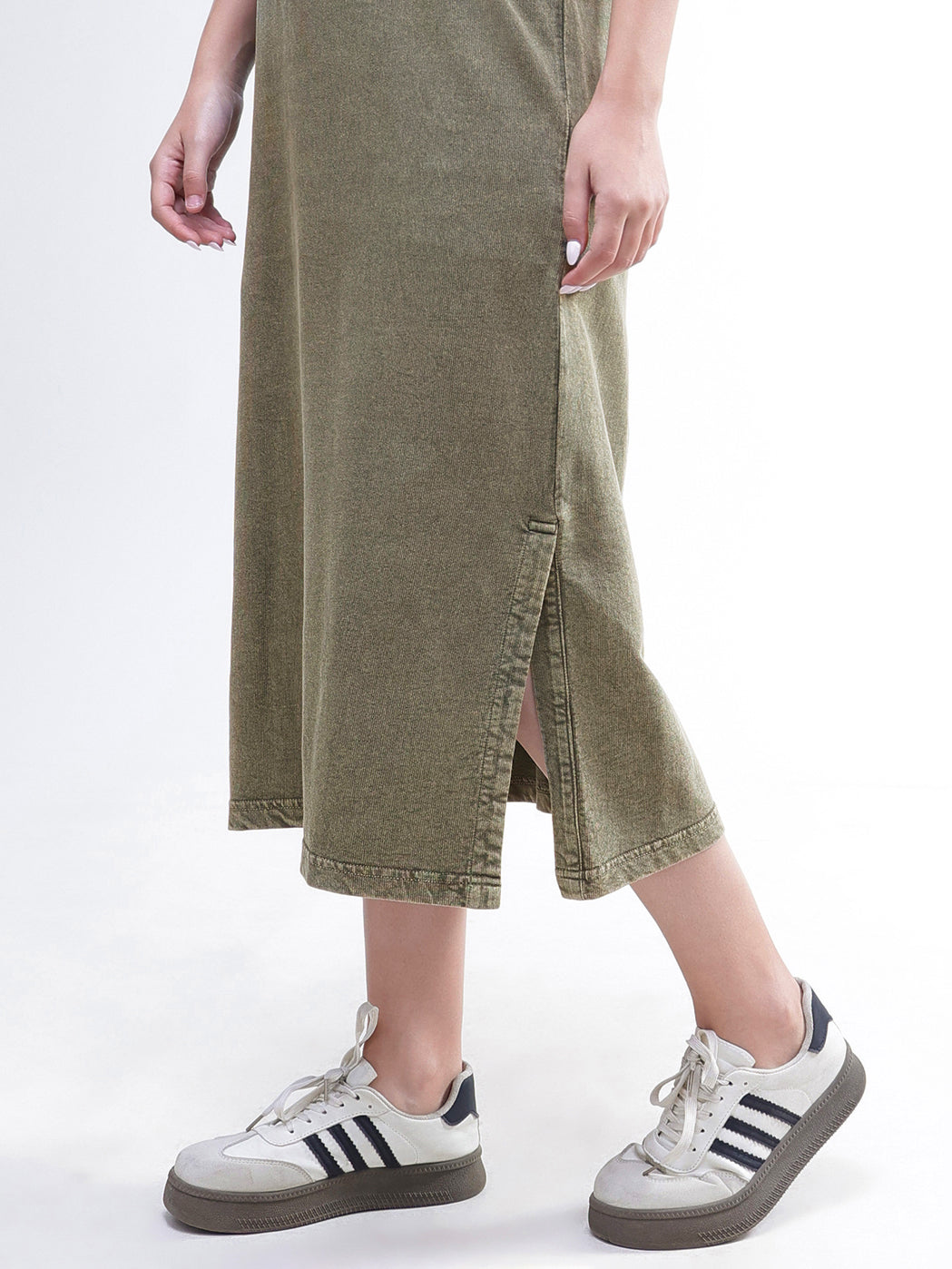 Women Green Overdyed Long Sleeves T-Shirt Maxi Dress