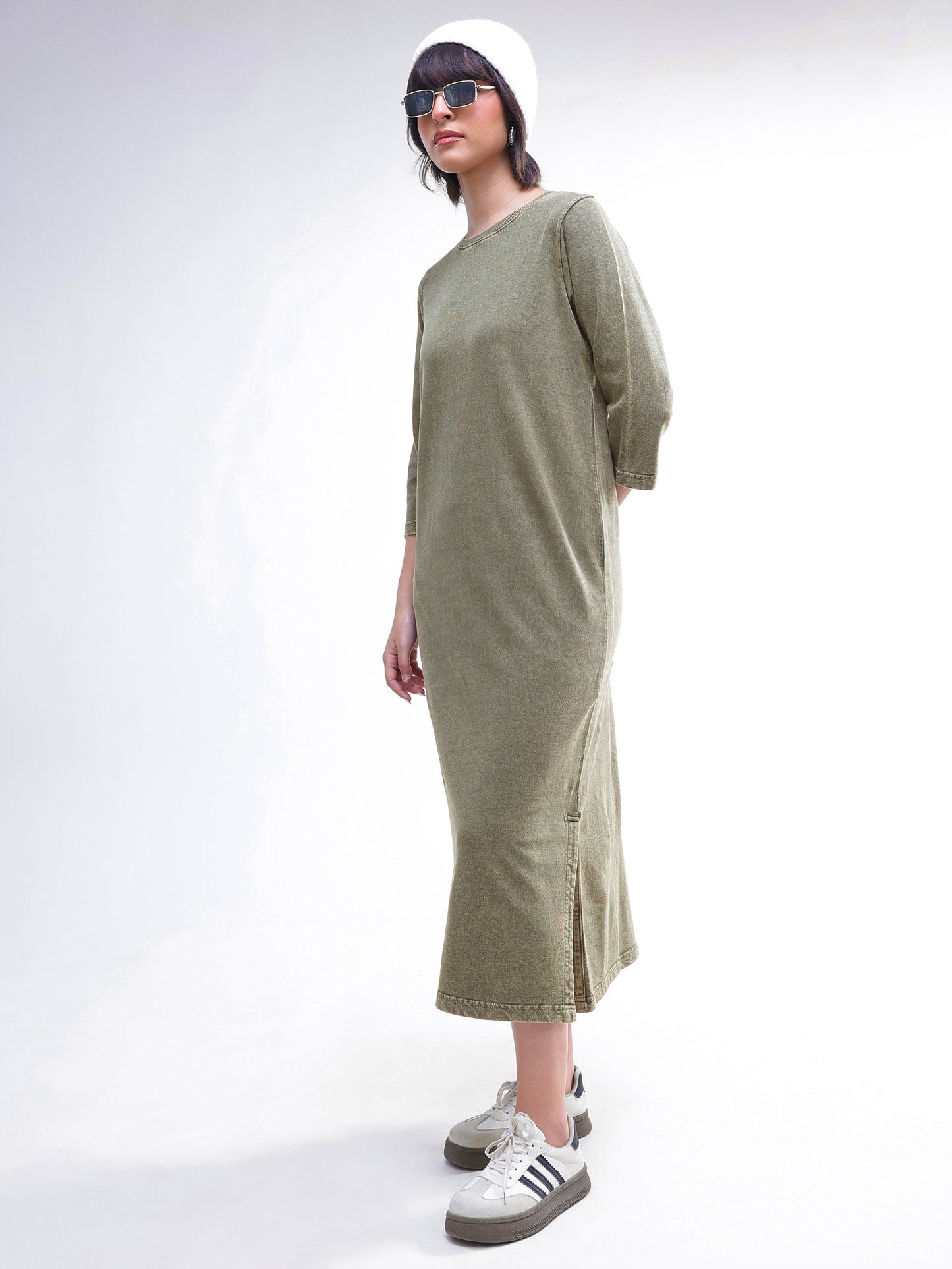Women Green Overdyed Long Sleeves T-Shirt Maxi Dress