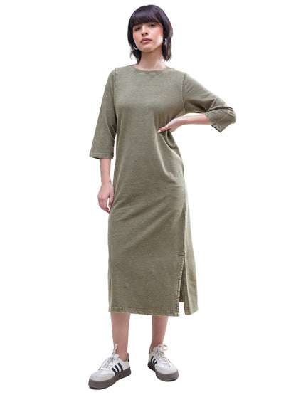 Women Green Overdyed Long Sleeves T-Shirt Maxi Dress