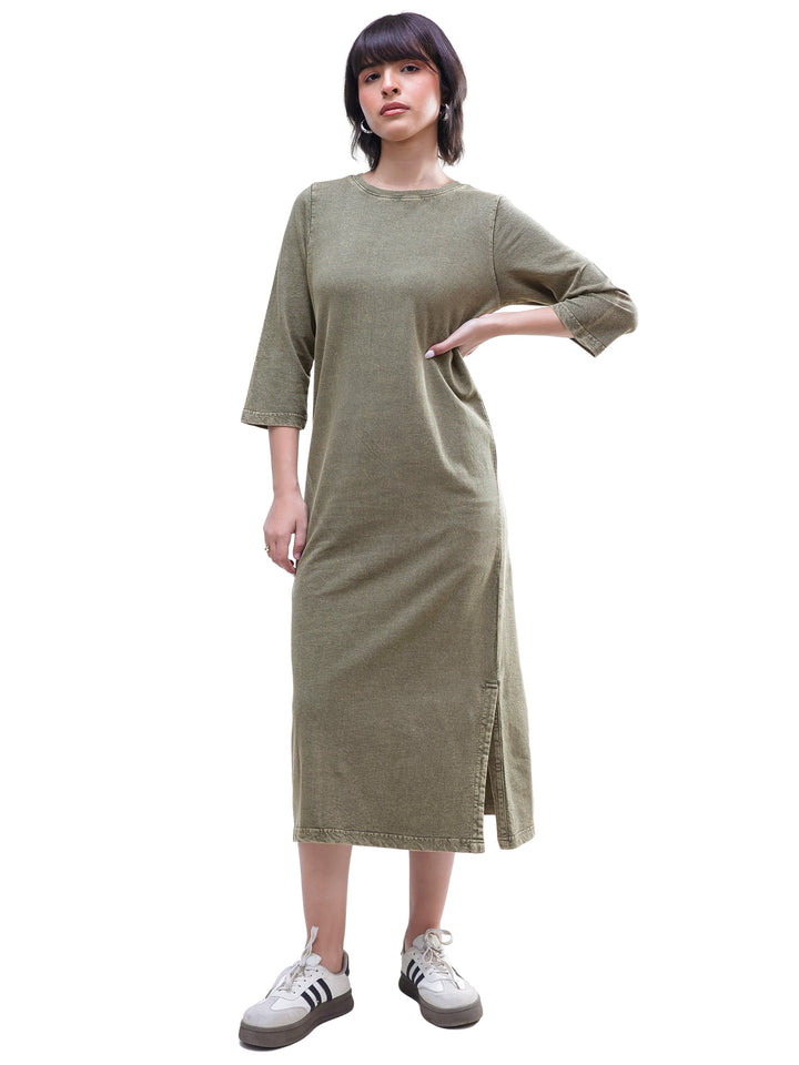 Women Green Overdyed Long Sleeves T-Shirt Maxi Dress