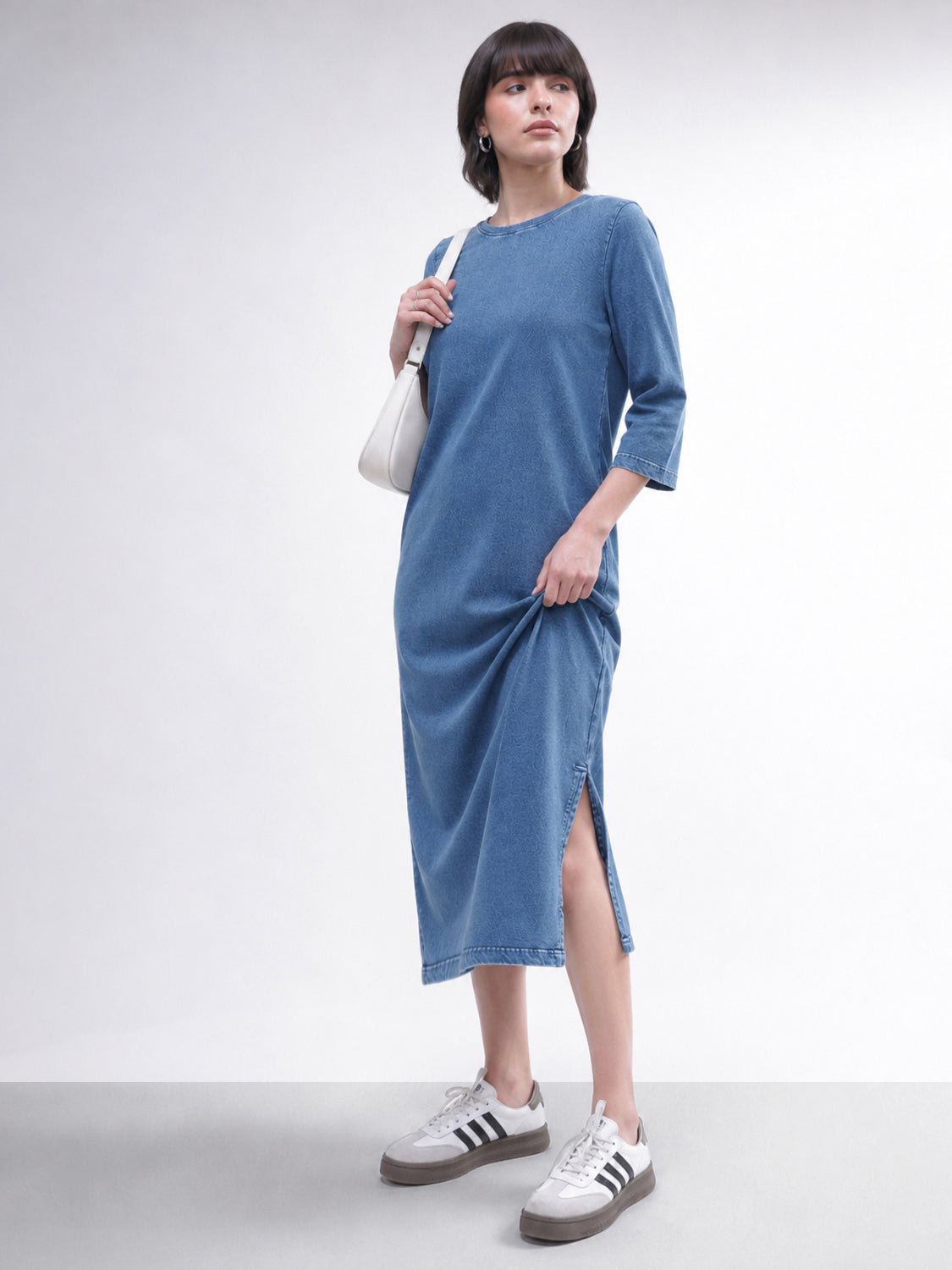 Women Blue Overdyed Long Sleeves T-Shirt Midi Dress