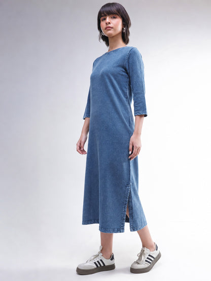 Women Blue Overdyed Long Sleeves T-Shirt Midi Dress