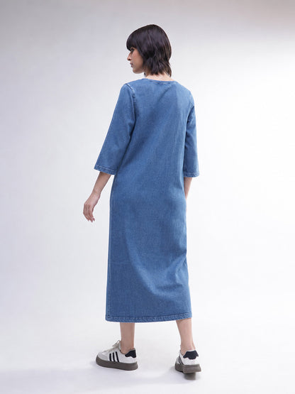 Women Blue Overdyed Long Sleeves T-Shirt Midi Dress