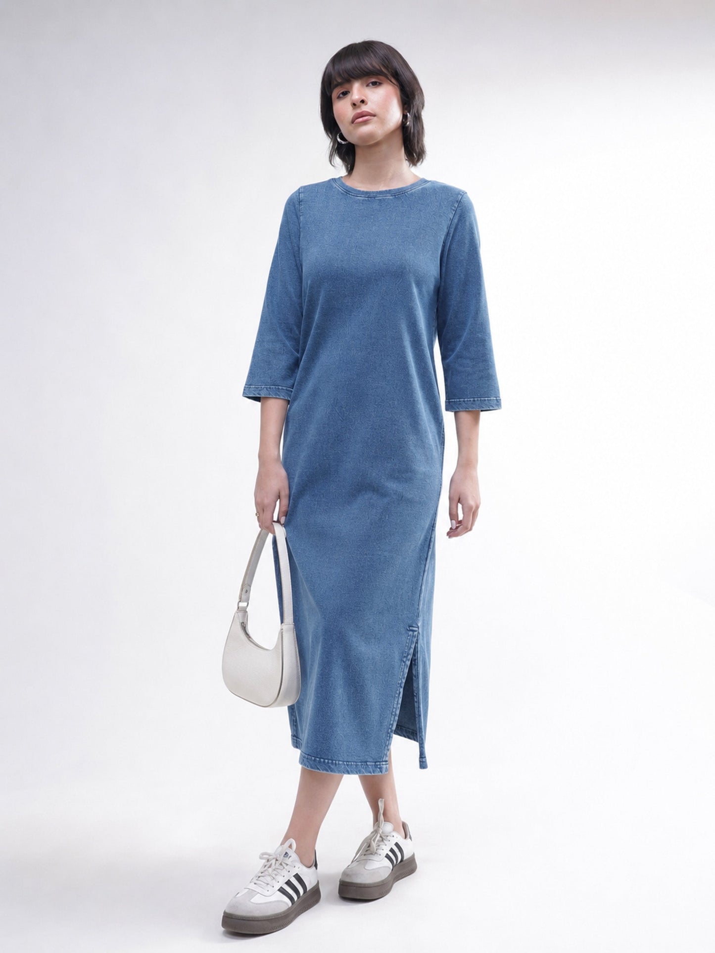 Women Blue Overdyed Long Sleeves T-Shirt Midi Dress
