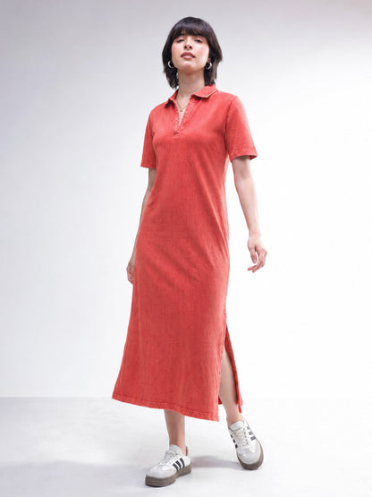 Women Red Overdyed Polo Neck T-Shirt Midi Dress