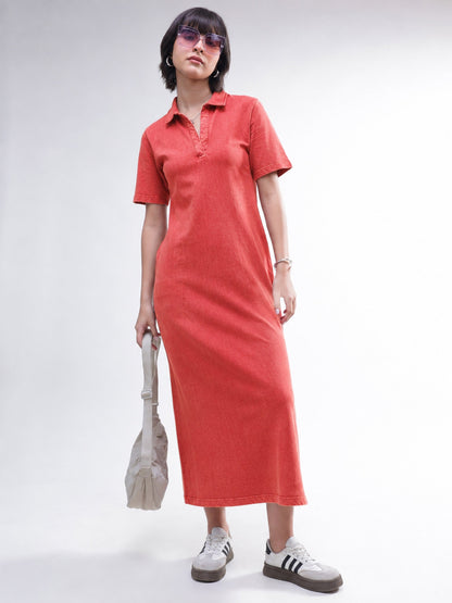 Women Red Overdyed Polo Neck T-Shirt Midi Dress