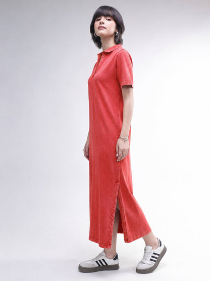 Women Red Overdyed Polo Neck T-Shirt Midi Dress