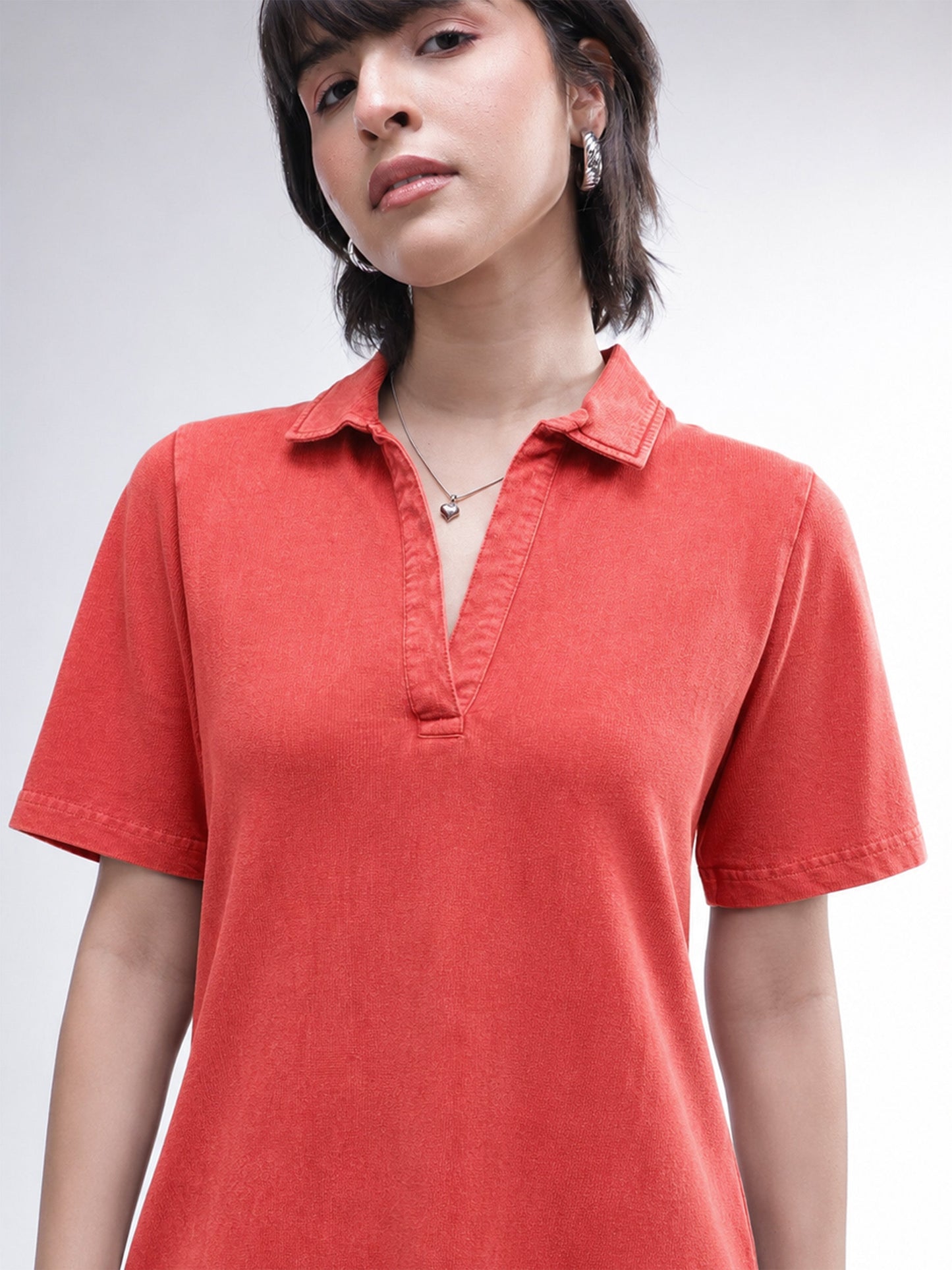 Women Red Overdyed Polo Neck T-Shirt Midi Dress